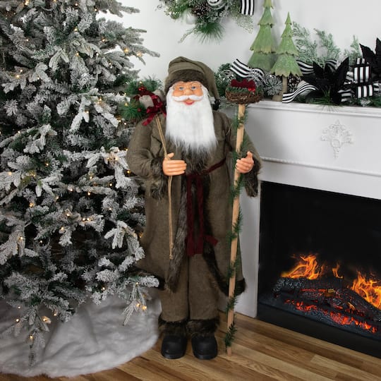 4ft. Olive Green & Burgundy Red Standing Santa Claus with Gift Bag Christmas Figure